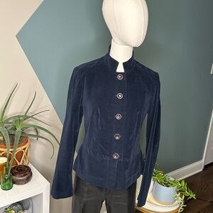 Vintage Y2K Talbots Petites Navy Velvet Blazer Jacket Fitted Mandarin Collar 4P